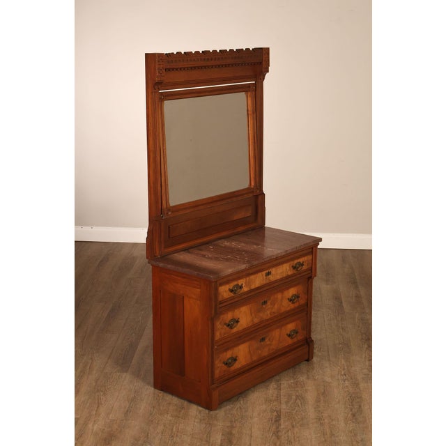 High Quality American Made Solid Walnut Victorian Eastlake Style Dresser Featuring Carved Crest Rail, Framed Mirror,...