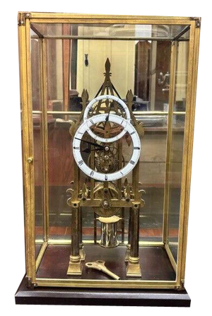 Large Chain Fusee Cathedral Skeleton Clock with Case and Key