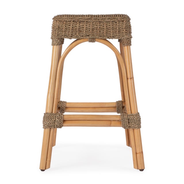 Spritely Home Accent Furniture Robias 24.5 in. Seat Height Rectangular Rattan and Mendong Grass Counter Stool, Khaki Brown For Sale - Image 4 of 6