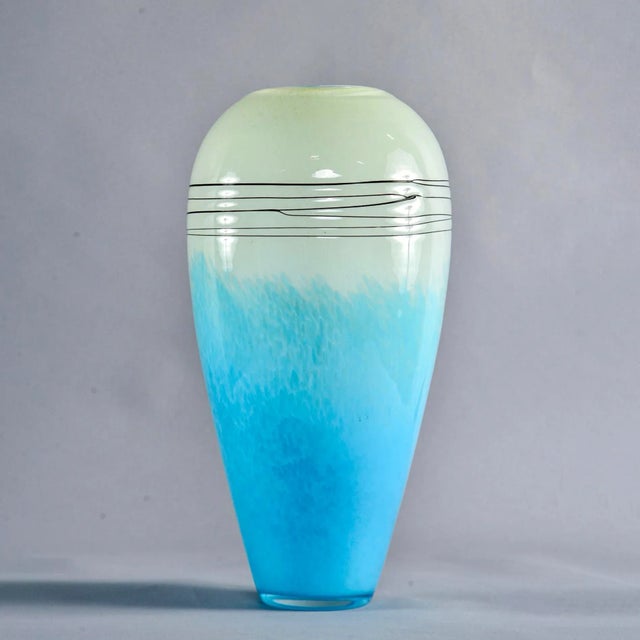 Tall Mid Century Blue and Pale Green Art Glass Vase For Sale - Image 4 of 10