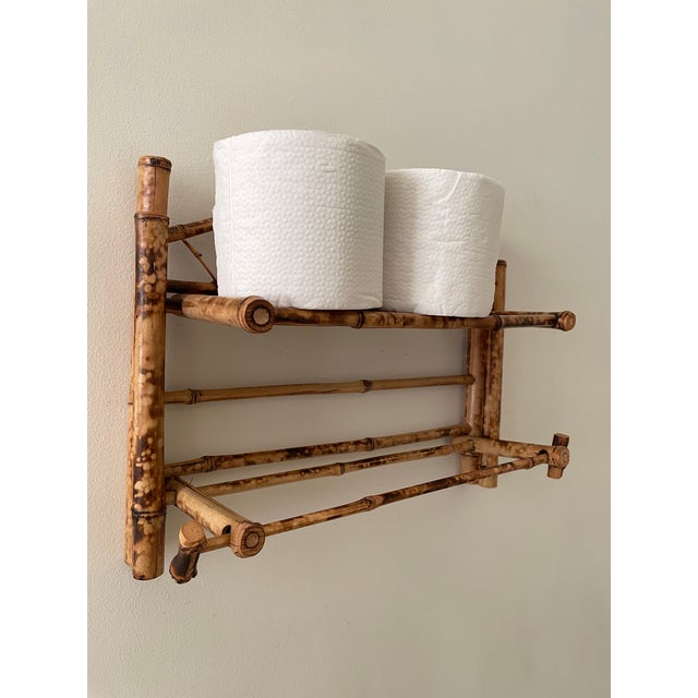 Camel Vintage Boho Scorched Bamboo Wall Shelf Bathroom Organizer For Sale - Image 8 of 8