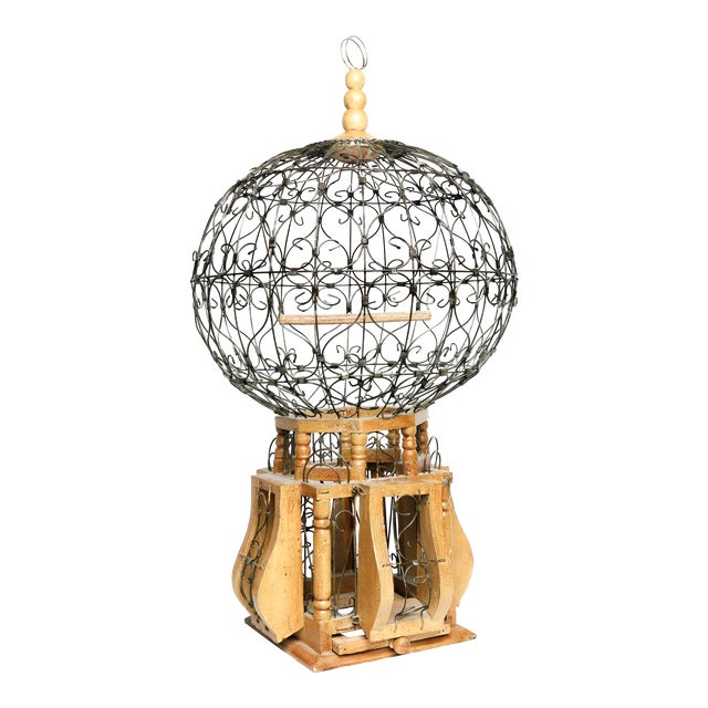 Mid 20th Century Victorian Style "Balloon" Bird Cage Wood and Iron For Sale