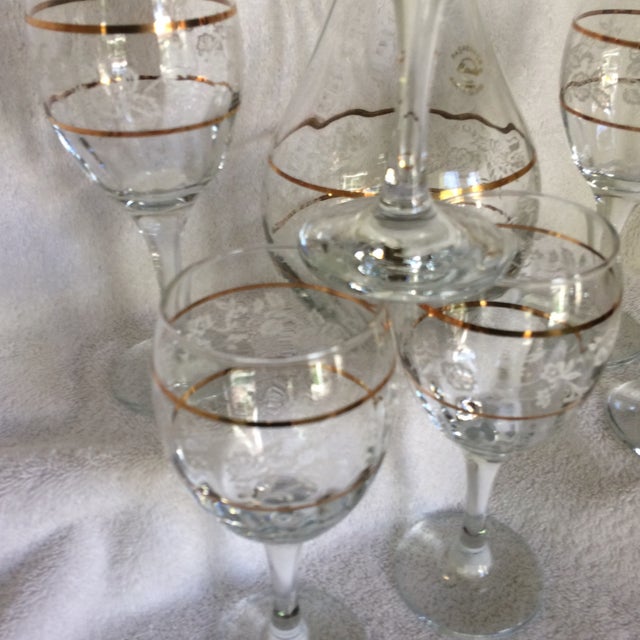 Vintage Turkish Pasabahce Blown Glass Decanter & 6 Wine Glasses Set