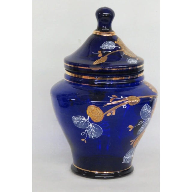 Glass Cobalt Blue Glass Hand Painted Floral Urn Bonboniere Cookie Jar With Lid For Sale - Image 7 of 13