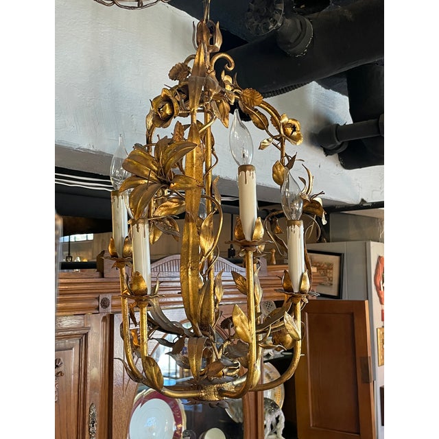 Vintage 1960s Italian Mid Century Hollywood Regency Six Light Gilt Floral Chandelier For Sale - Image 10 of 13