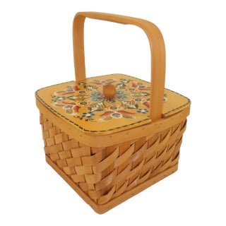 Scandinavian Rosemaling Folk Art Painted Wood Basket Handbag For Sale