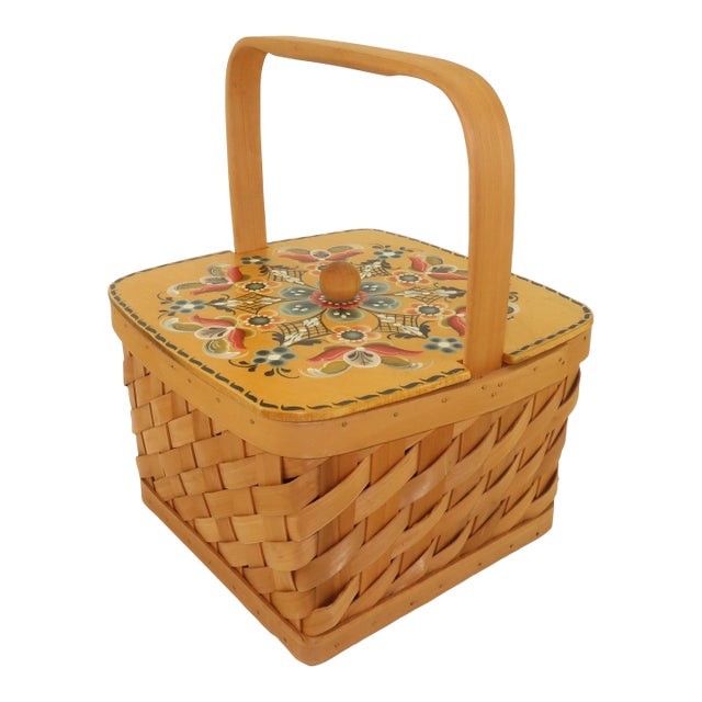 Scandinavian Rosemaling Folk Art Painted Wood Basket Handbag For Sale