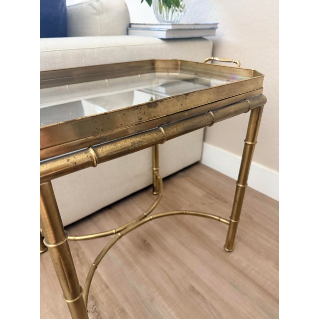 Vintage Brass Faux Bamboo Side Table With Glass Tray Top | Hollywood Regency End Table For Sale - Image 4 of 11