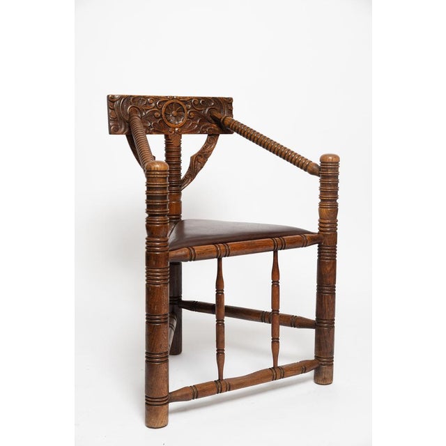 Unusual, very elaborately crafted and finely carved unique piece made of pine wood, covered with genuine leather