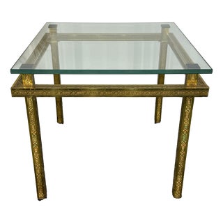 Hollywood Regency Side Table in Engraved Brass and Glass, 1970s For Sale