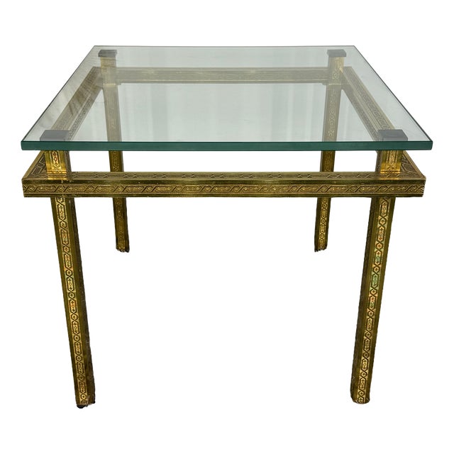 Hollywood Regency Side Table in Engraved Brass and Glass, 1970s For Sale