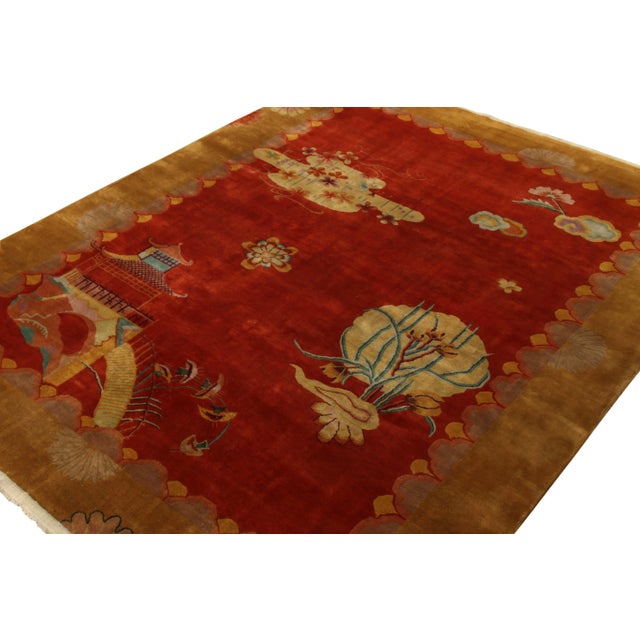 Art Deco Hand-Knotted Vintage Chinese Art Deco Rug, Red and Gold Pictorial Pattern For Sale - Image 3 of 6