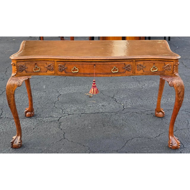 Fine American Chippendale Revival Carved Walnut Leather Top Writing Desk With Ball-and-Claw Feet, Circa 1940 For Sale - Image 12 of 13