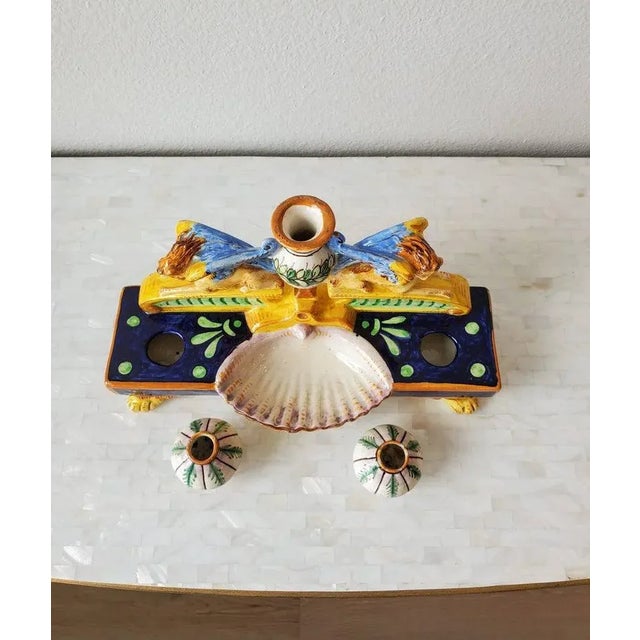 Antique Italian Renaissance Majolica Double Inkwell For Sale - Image 4 of 11
