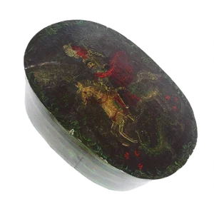 19th Century European Painted Wooden Oval Box with Saint George & the Dragon