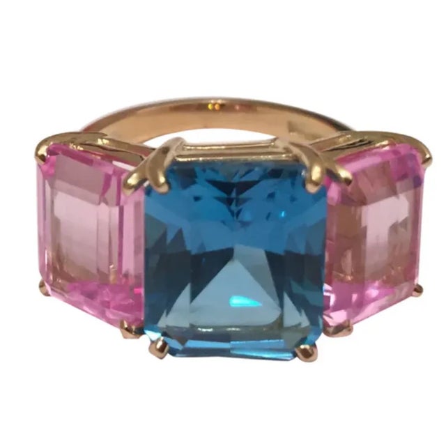 Blue Christina Addison Bold Emerald Cut Iolite Three Stone Ring For Sale - Image 8 of 12