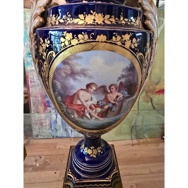 Blue Antique Cobalt Blue Porcelain Pr Urns Attributed to Sevres For Sale - Image 8 of 17