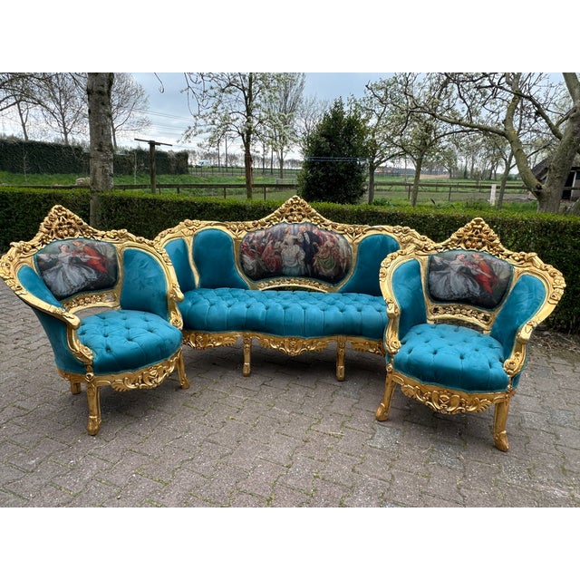 1900s French Louis XVI Blue Velvet / Green Beech Sofa Set 3pc For Sale - Image 10 of 16