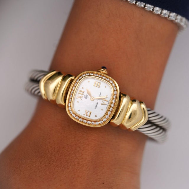 David Yurman Mother of Pearl Diamond Bezel 18k Gold Silver Vintage 1990s Watch For Sale - Image 10 of 10