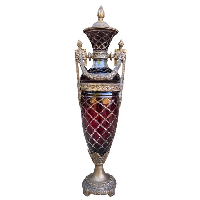 Tall Statement Antique Ruby Cut to Clear Crystal Lidded Urn With Second Empire Style Bronze Mounts For Sale - Image 10 of 18