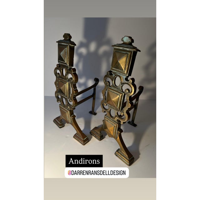 Metal Pair Brass Geometric Andirons For Sale - Image 7 of 9