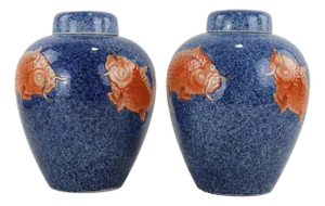 Late 19th Century Pair of Antique Chinese Blue Porcelain Ginger Jars With Red Koi Fish