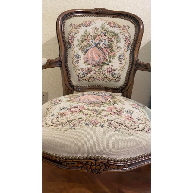 Almond 20 Century Chateau d'Ax Louis XV Tapestry Armchair For Sale - Image 8 of 12