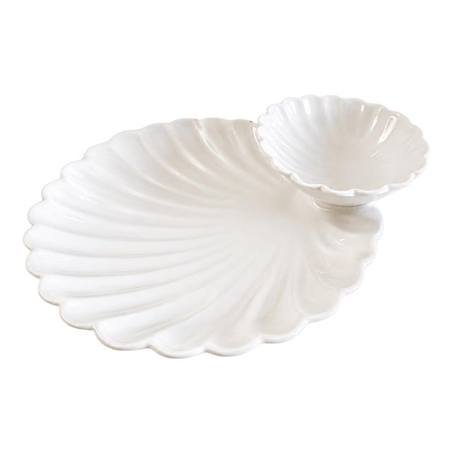 Vintage Italian White Clam Shell Chip & Dip Server For Sale