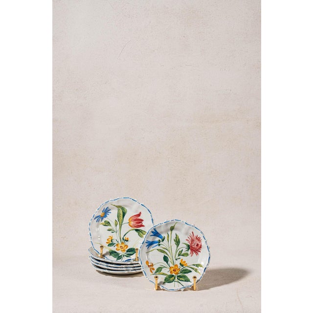 Italian Mid 20th Century Set of 6 Hand Painted Floral Italian Plates For Sale - Image 3 of 14