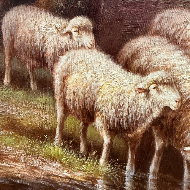 Traditional Mid 20th Century Large Framed Pastoral Sheep Landscape Oil-Based Impasto/Acrylic Painting on Canvas – Flock Drinking at Stream For Sale - Image 3 of 7
