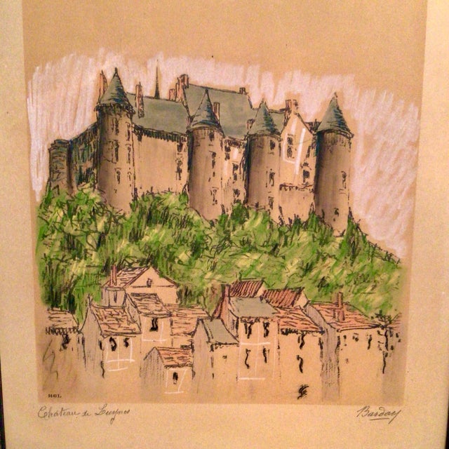 Lithograph Château De Luynes, Located in the Indre-Et-Loire Department in France by Barday Framed Signed Hand Colored For Sale - Image 4 of 8