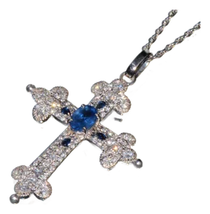 Certified Natural 2.15Cts vs F Diamond Sapphire 18k 750 Solid Gold Filigree Cross Pendant