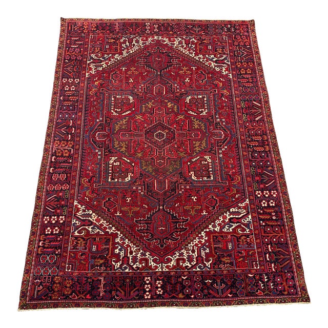 Vintage Hand-Knotted Caucasian Wool Rug 8' X 11'3" – Tribal Heriz Design Extra Large Area Carpet For Sale