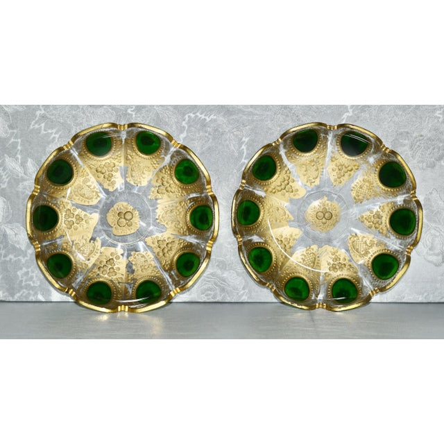 Vintage Pair of Bohemian Moser Style Dishes Etched Emerald & Gold Glass For Sale - Image 11 of 12