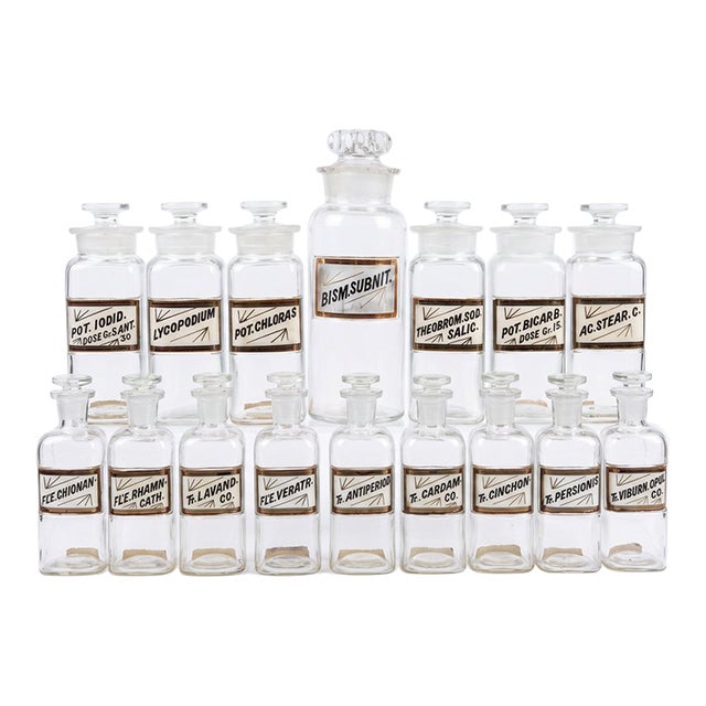 Antique Whitall Tatum Co. Reverse-Painted Gilded Label Apothecary Jars, Set of 16 For Sale
