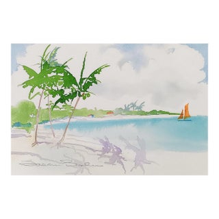 Small Contemporary Tropical Beach Palm Tree Watercolor Painting For Sale