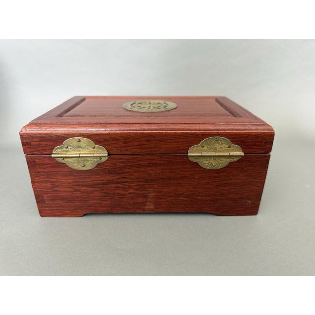 Chinese Asian Wooden Jewelry Box Brass Red Lined Trinket Chest W/Key + Lock Vintage For Sale - Image 11 of 18