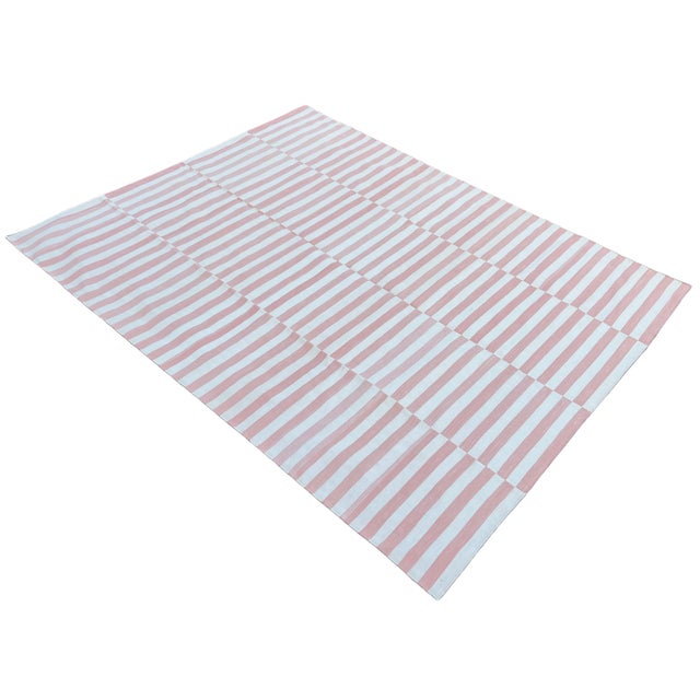 Mid-Century Modern Handwoven Cotton Area Rug, Vegetable Dyed, Pink and Cream Striped Dhurrie - 6'x9' For Sale - Image 3 of 10
