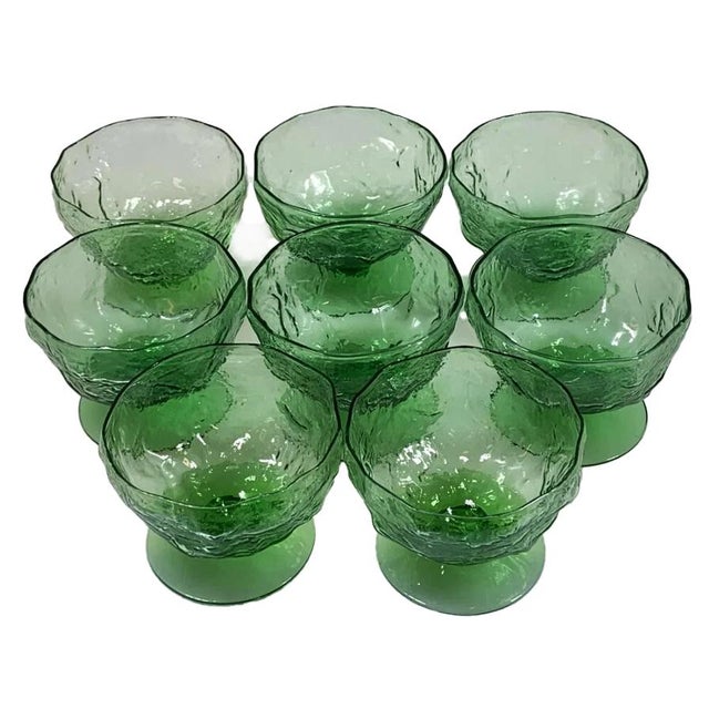 1960s 1960s Mid-Century Modern Emerald Green Blenko Glass Pinch Crackle Tumblers & Pedestal Dessert Dishes - 15 Pieces For Sale - Image 5 of 5