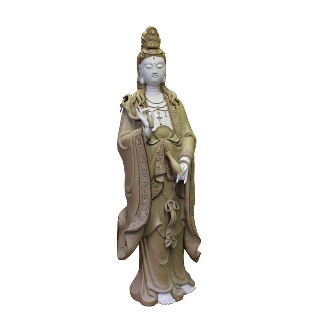 Chinese Handmade Ceramic Standing Bottle Holding Kwan Yin Statue Chairish