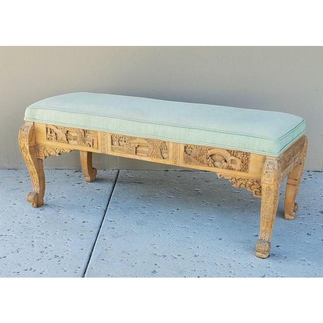Antique Chinese Hand Carved Upholstered Wooden Long Bench. Hand Carved Chinese Wooden Bench With Original Upholstered...