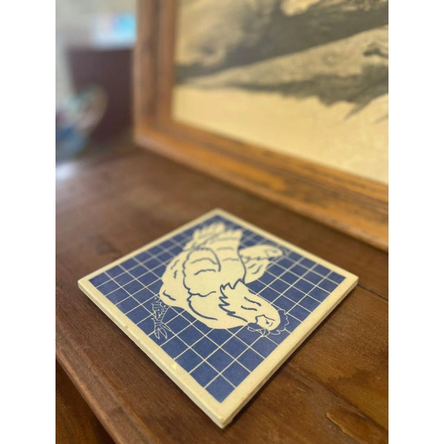 Vintage Blue Rooster Tile Coaster Motif Dish For Sale In Seattle - Image 6 of 7