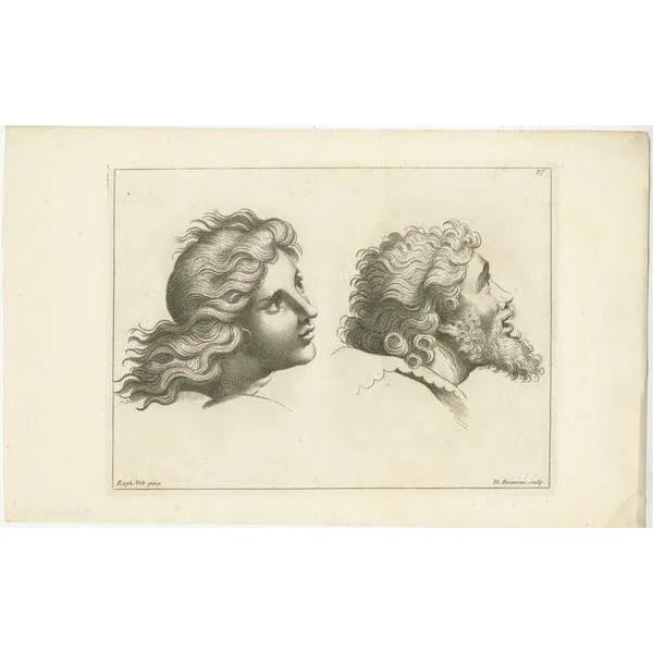 This engraving a compelling piece featuring two distinct profiles: one of a youthful figure with soft, flowing hair and...