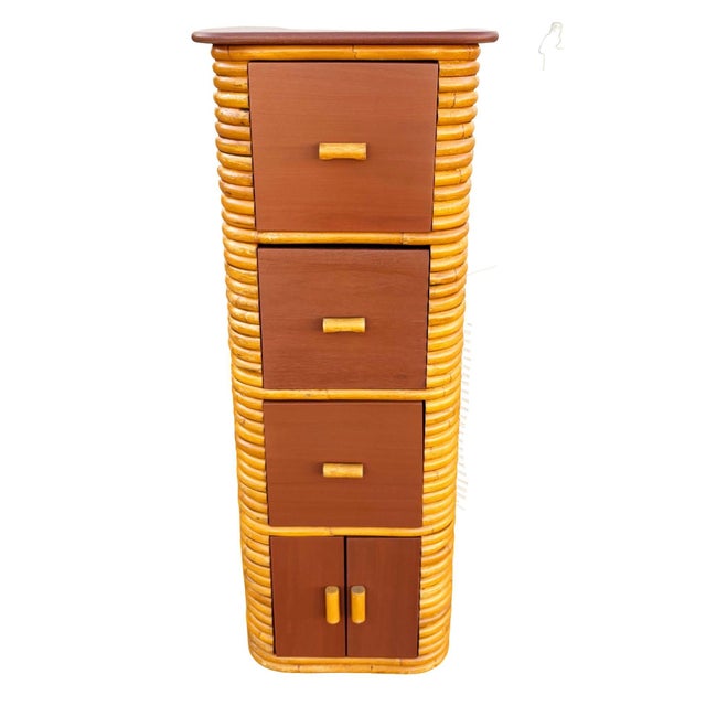 Restored Art Deco era stacked rattan highboy dresser with a mahogany top and five pull-out mahogany drawers. The dresser...