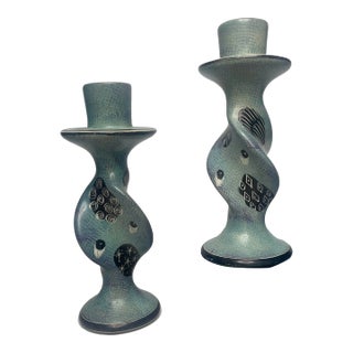 A Pair of Boho Chic Soapstone Candlesticks For Sale