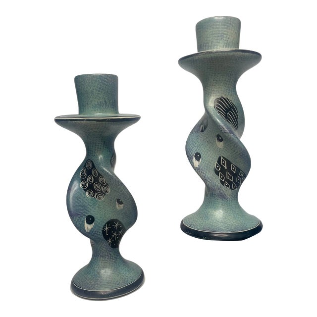 A Pair of Boho Chic Soapstone Candlesticks For Sale