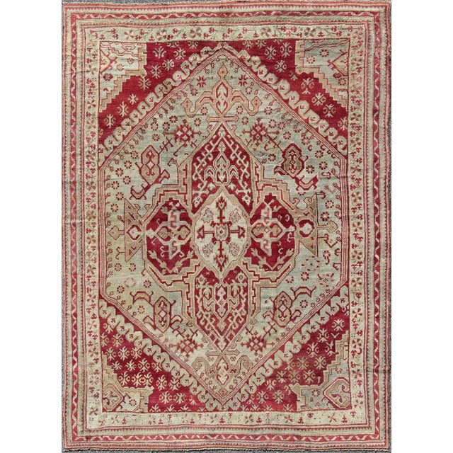 Antique Turkish Ghiordes Geometric Rug in Raspberry Red and Ice Blue and Green For Sale - Image 10 of 10