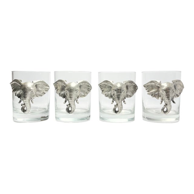 1990s Arthur Court “Safari” Elephant Double Old Fashioned Tumbler Glasses - Set of 4 For Sale
