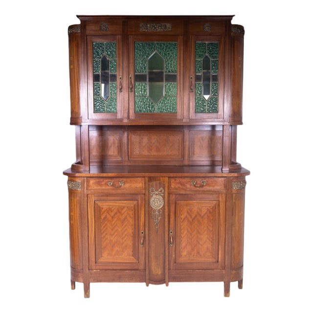 Vintage Wooden Sideboard with Decorative Glass Panels and Metal Details For Sale