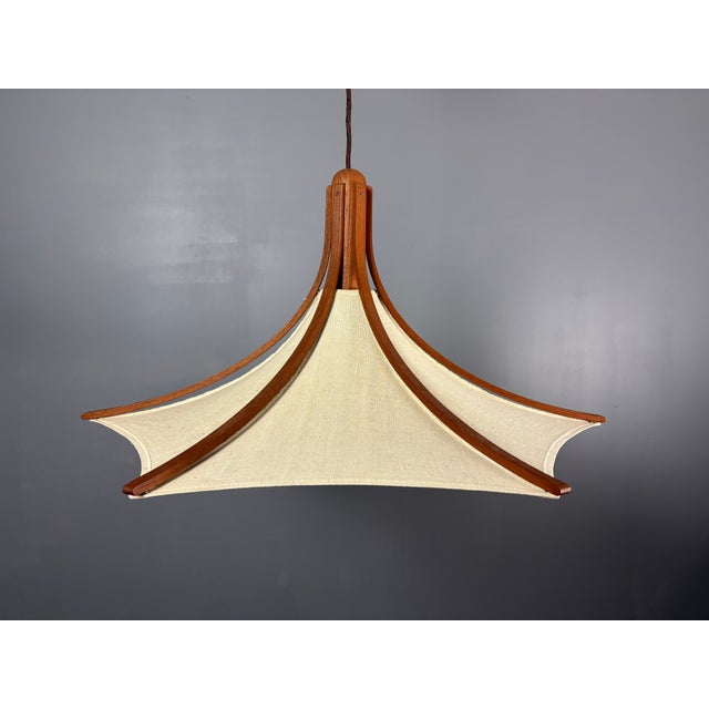 Teak and Linen Umbrella Pendant Lamp attributed to Domus, 1970s For Sale - Image 11 of 15